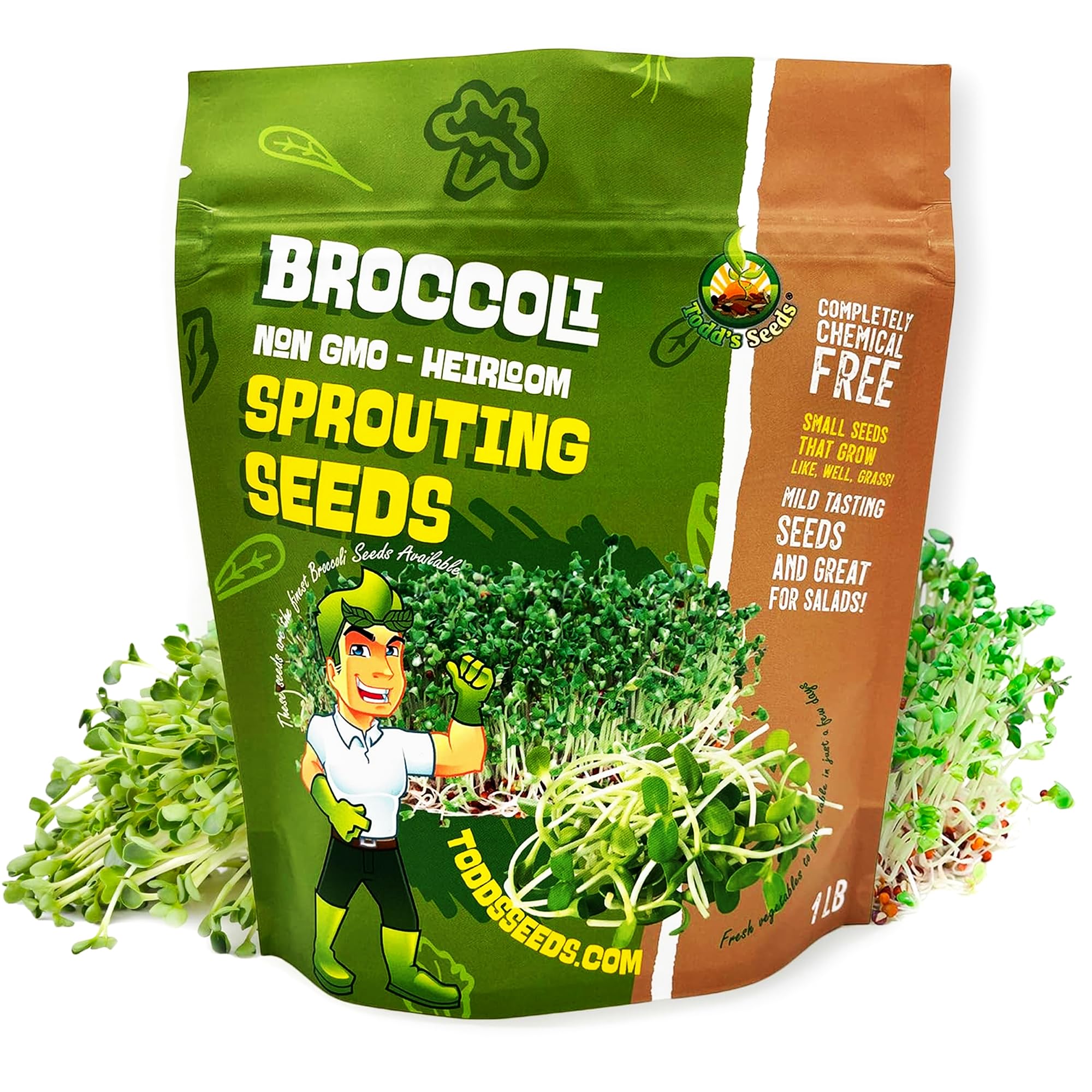 Todd's Seeds Calabrese broccoli sprouts packet ready for home sprouting and fresh salads.