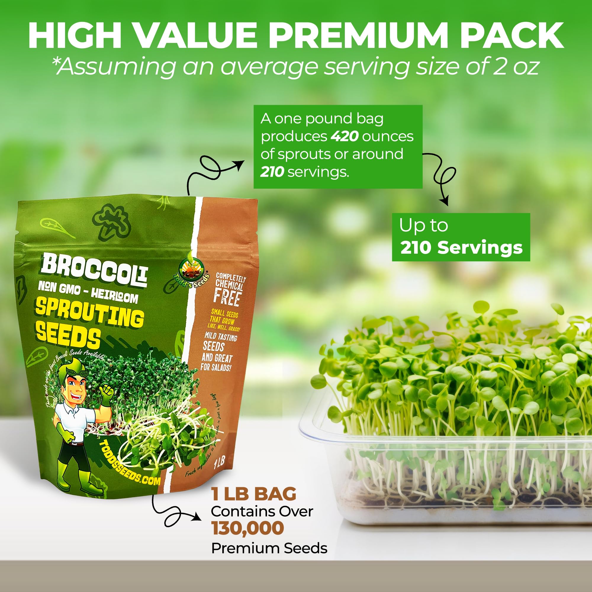 Todd's Seeds Calabrese broccoli sprouts USA pack grown and packed in the USA.