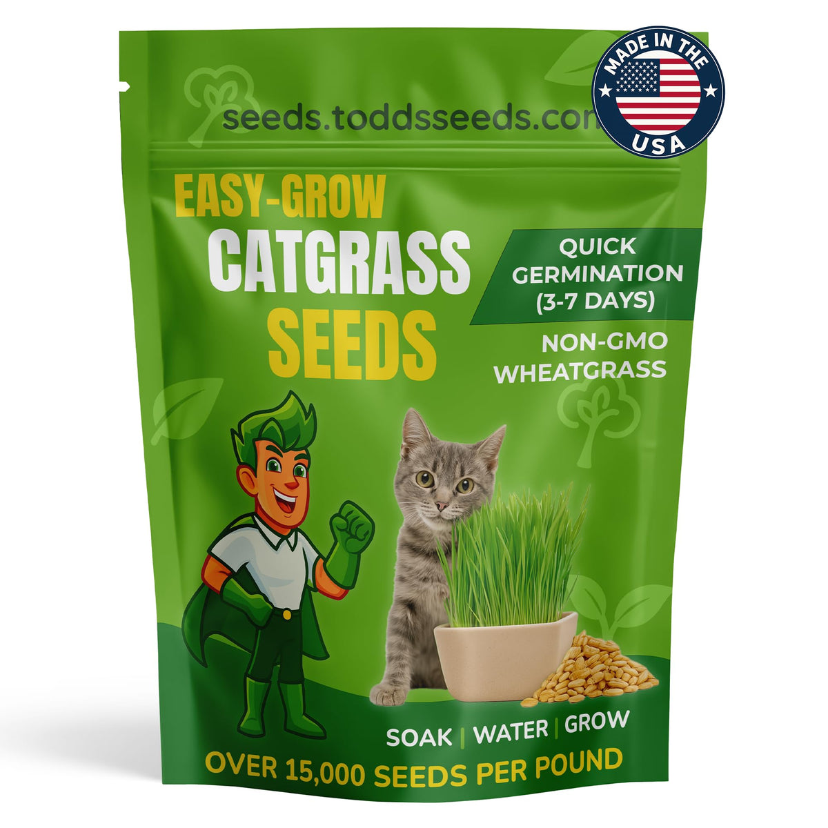 Todd's Seeds cat grass packaging shows a 1lb wheatgrass for safe nibbling.