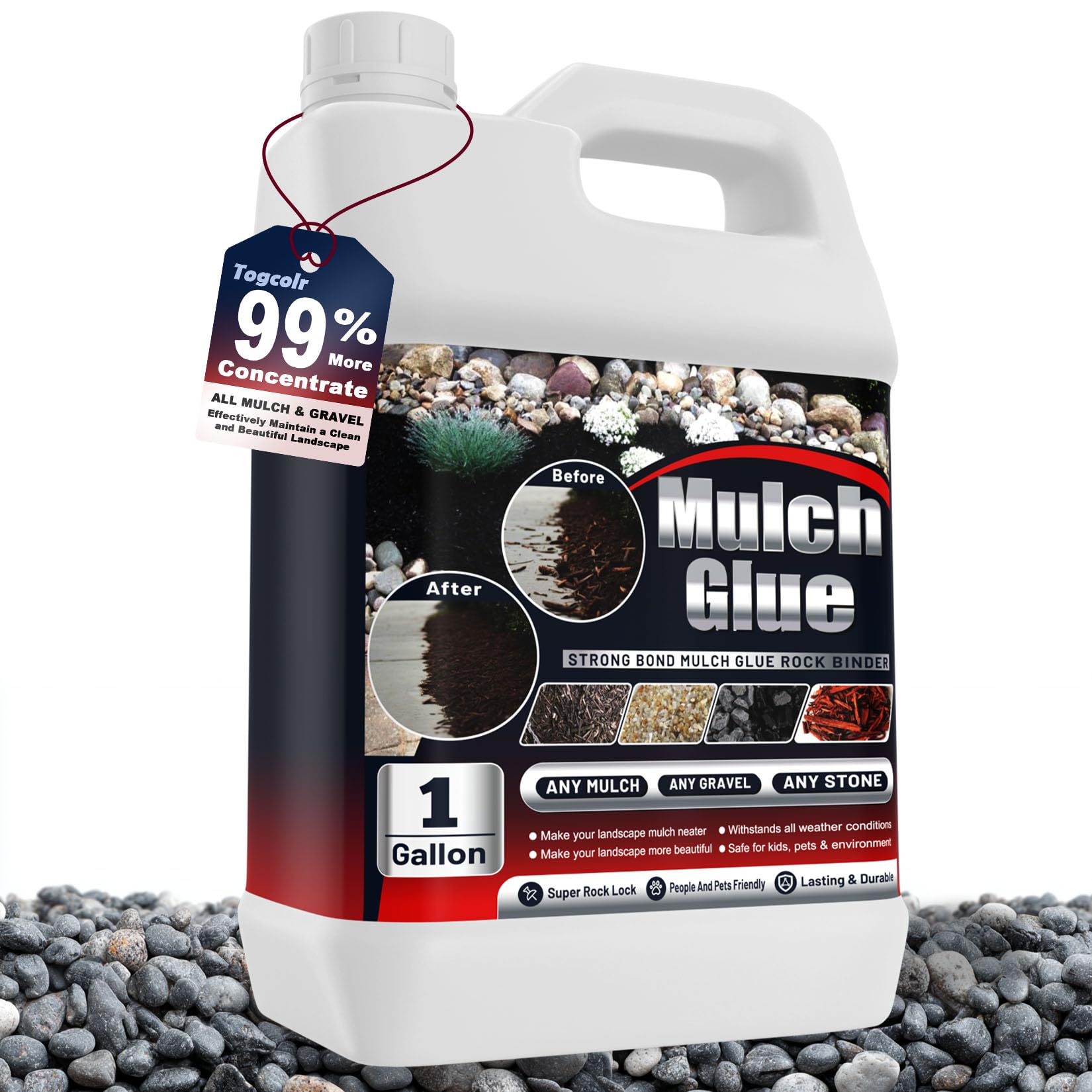 Togcolr Mulch Glue bottle pour shows quick, strong bonding for secure mulch and rocks.