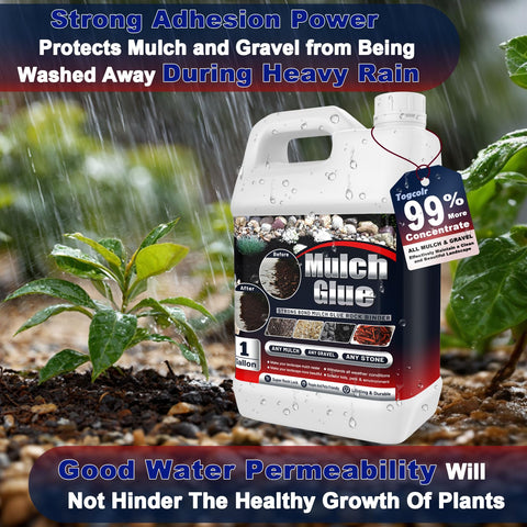Togcolr Mulch Glue on rocks pebbles shows weatherproof bonding for decorative pathways.