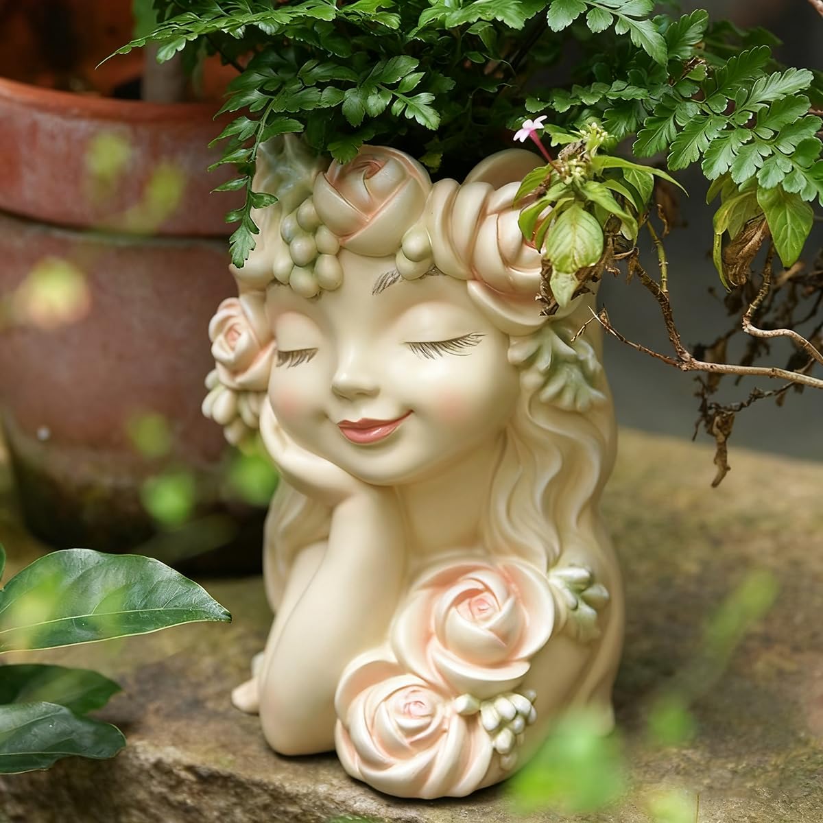 Togestar garden fairy head planter in pearl white with rose accents for indoor or outdoor charm.