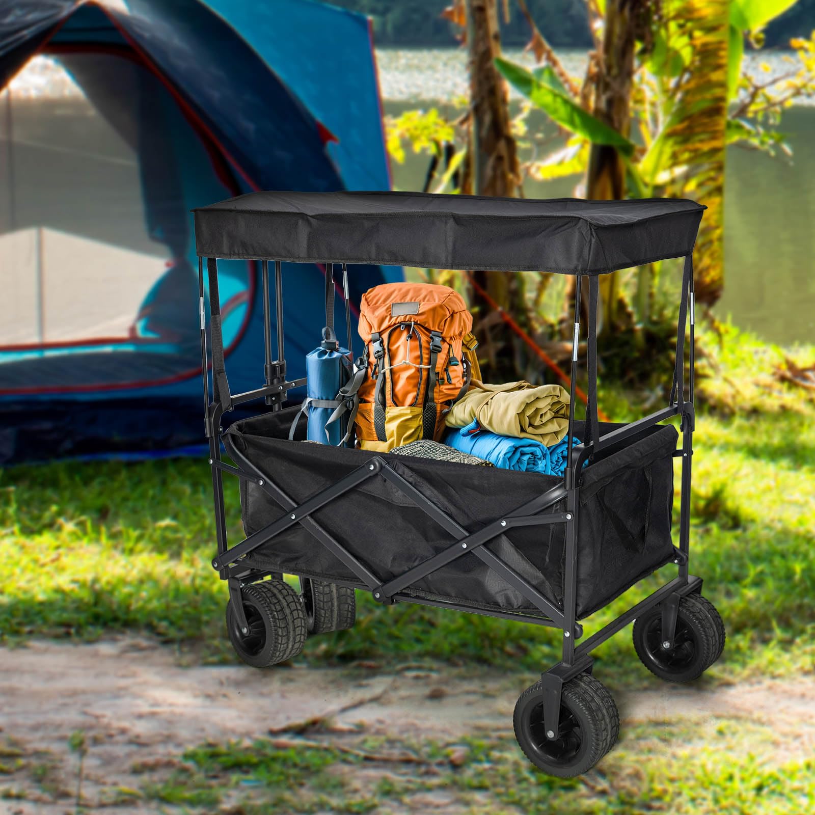 TOHARA canopy shown in windy park, secured with straps.