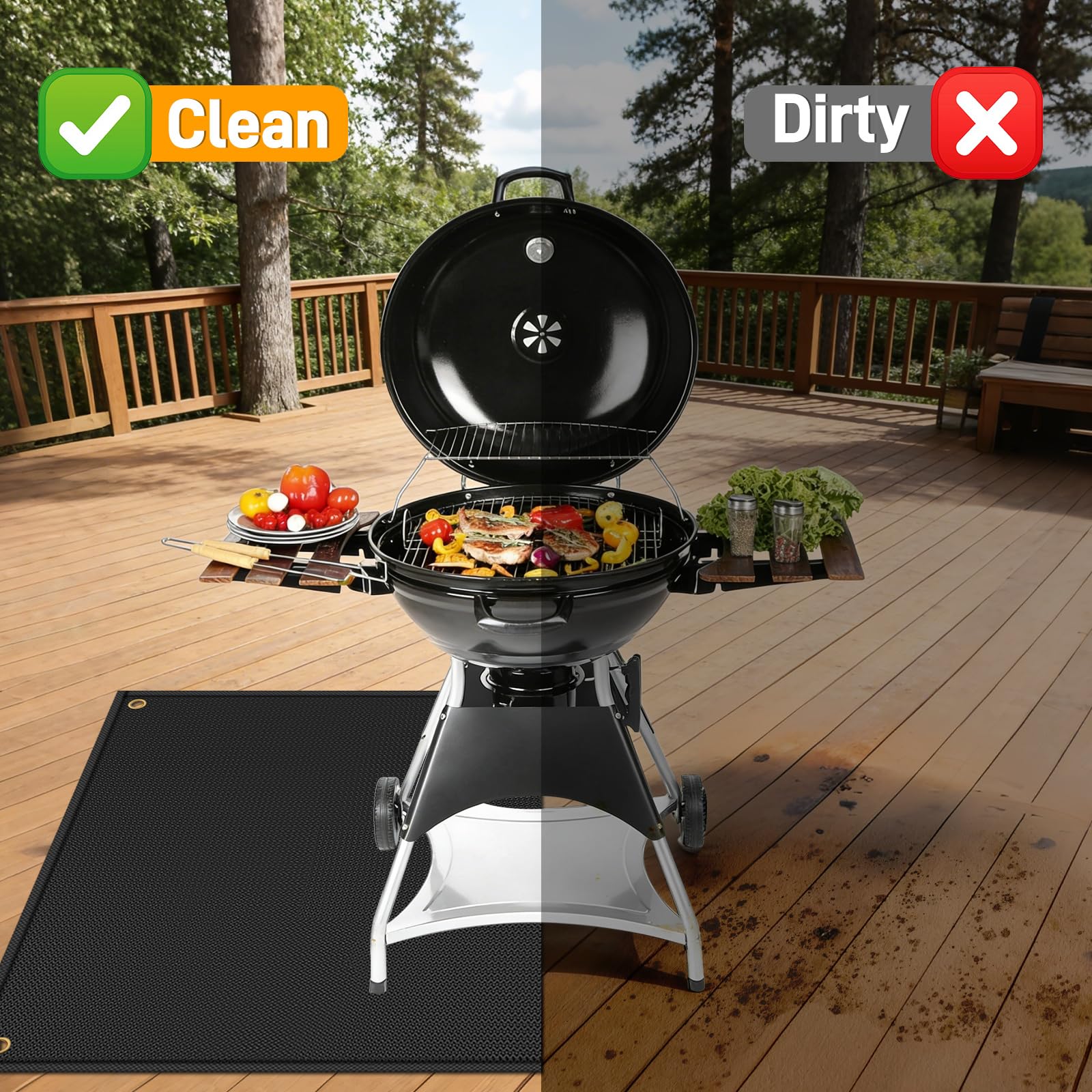 TOHONFOO grill mat protecting a wooden deck from spills and splashes.