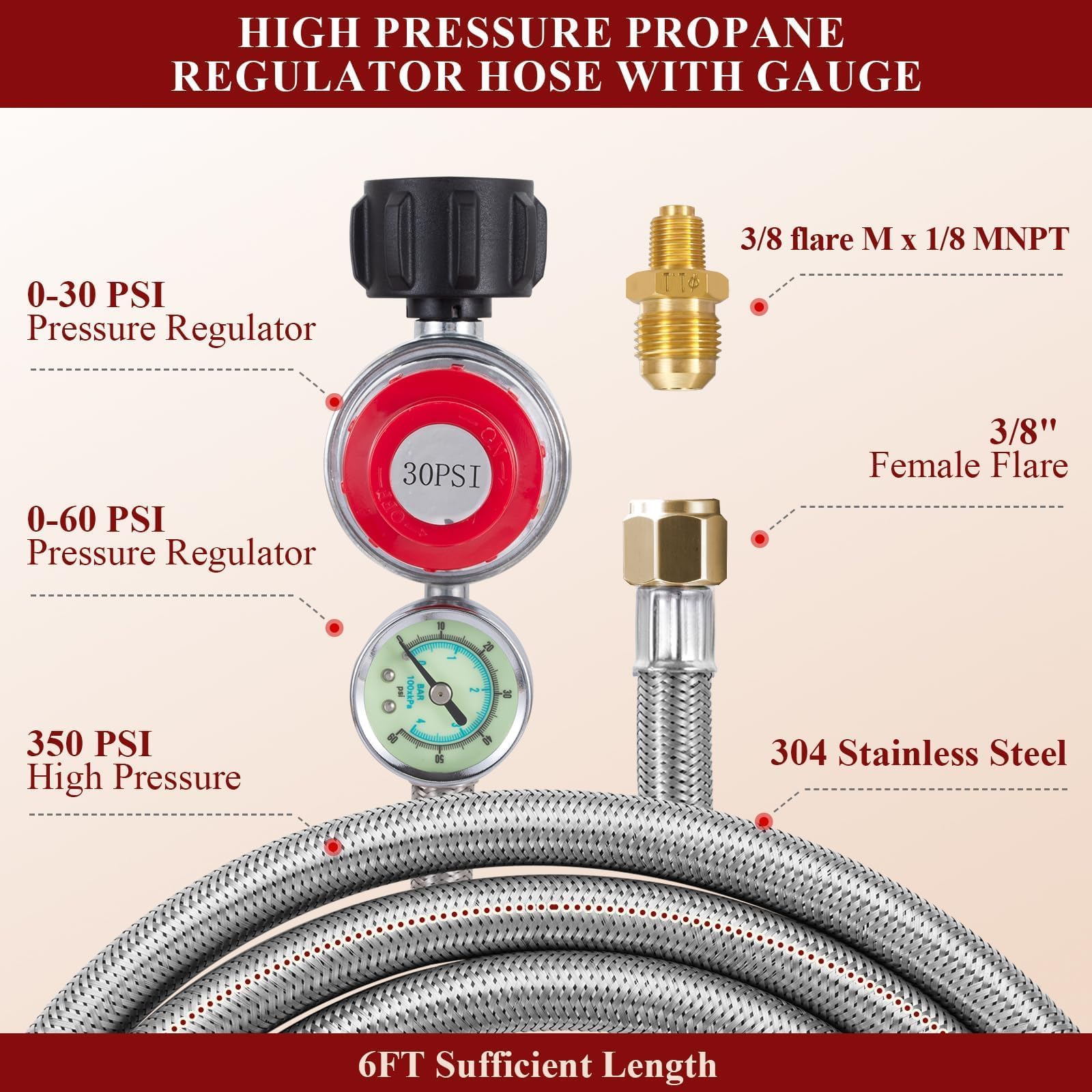 TOHONGADON 3/8 inch female flare regulator for easy hookups with popular grills