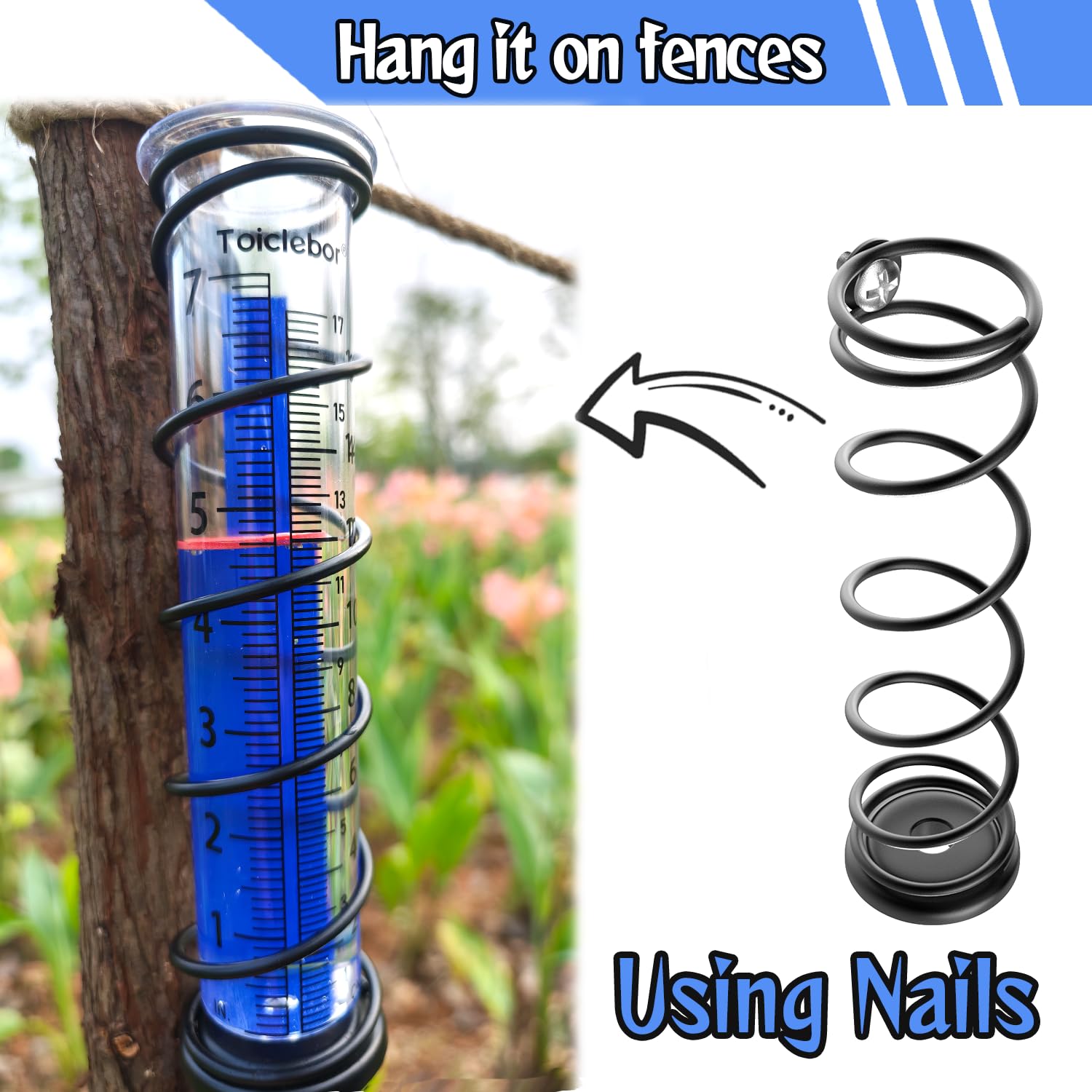 Toiclebor rain gauge wall-mount setup provides flexible installation options.