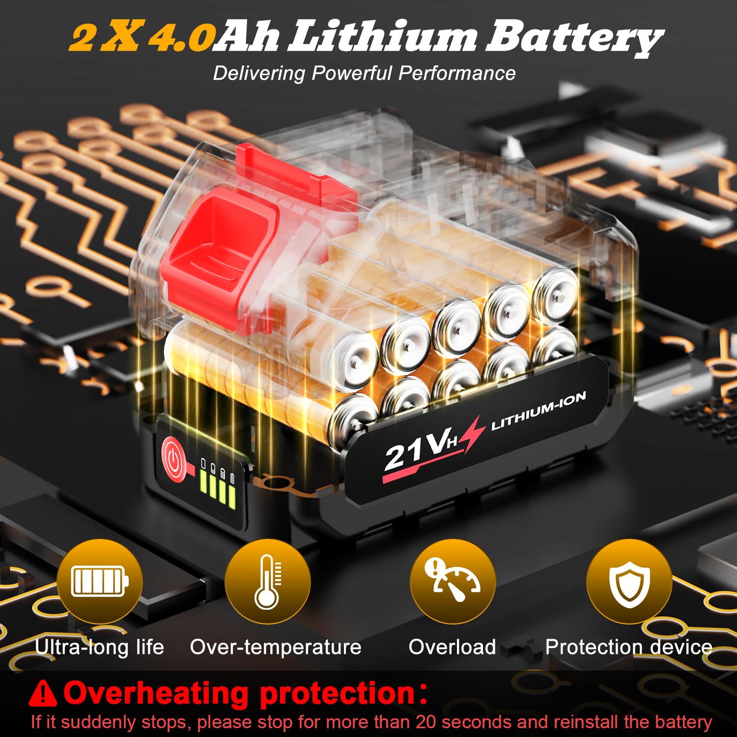 Two 21V 2x4.0Ah batteries shown attached to the unit.