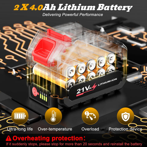 Two 21V 2x4.0Ah batteries shown attached to the unit.