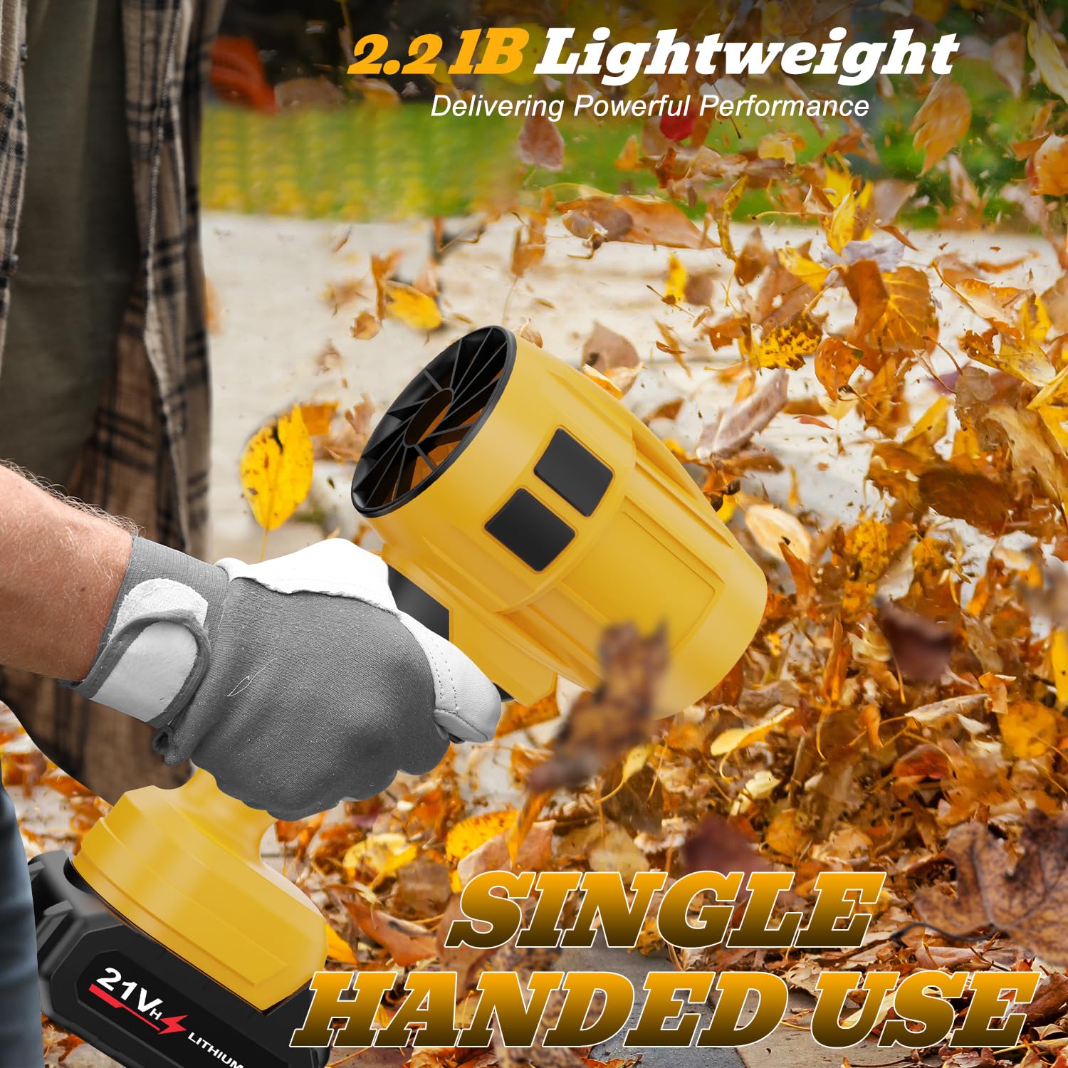 Adjustable speed lever controls wind strength for different tasks.