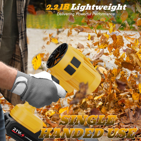 Adjustable speed lever controls wind strength for different tasks.