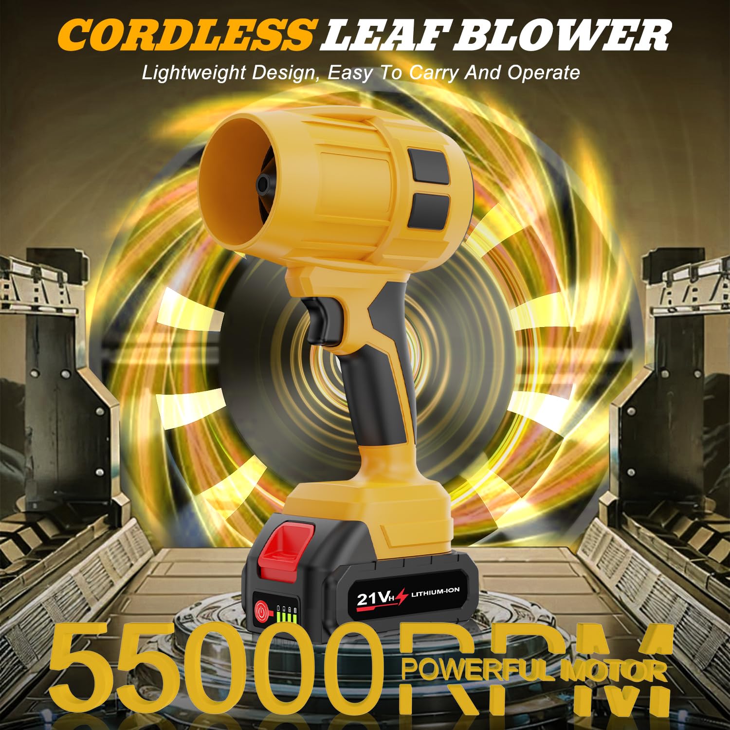 Toieue cordless leaf blower with turbo jet motor during operation.