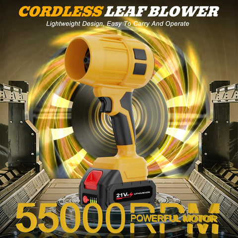 Toieue cordless leaf blower with turbo jet motor during operation.