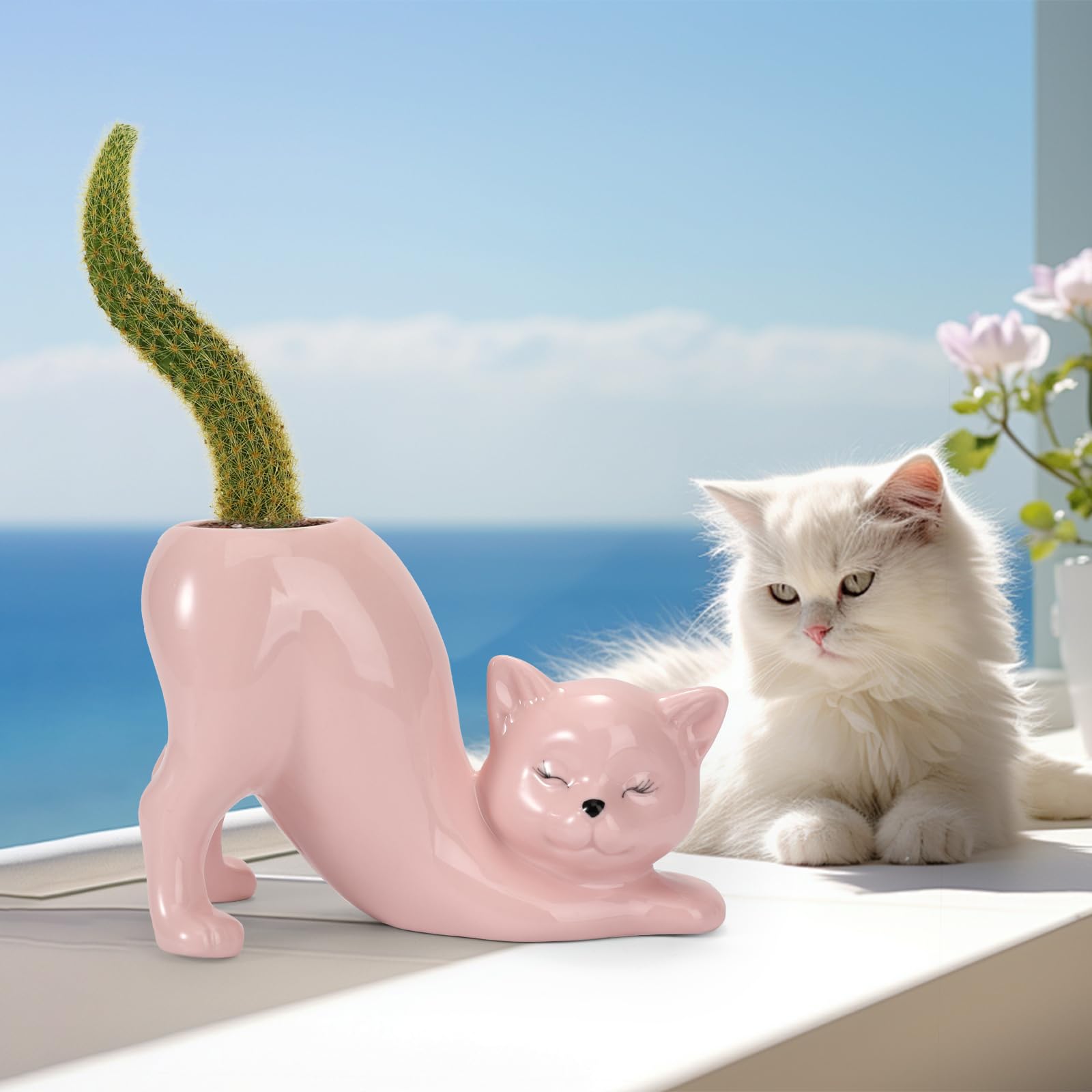 TOIVO cat planter pot pink side view on windowsill