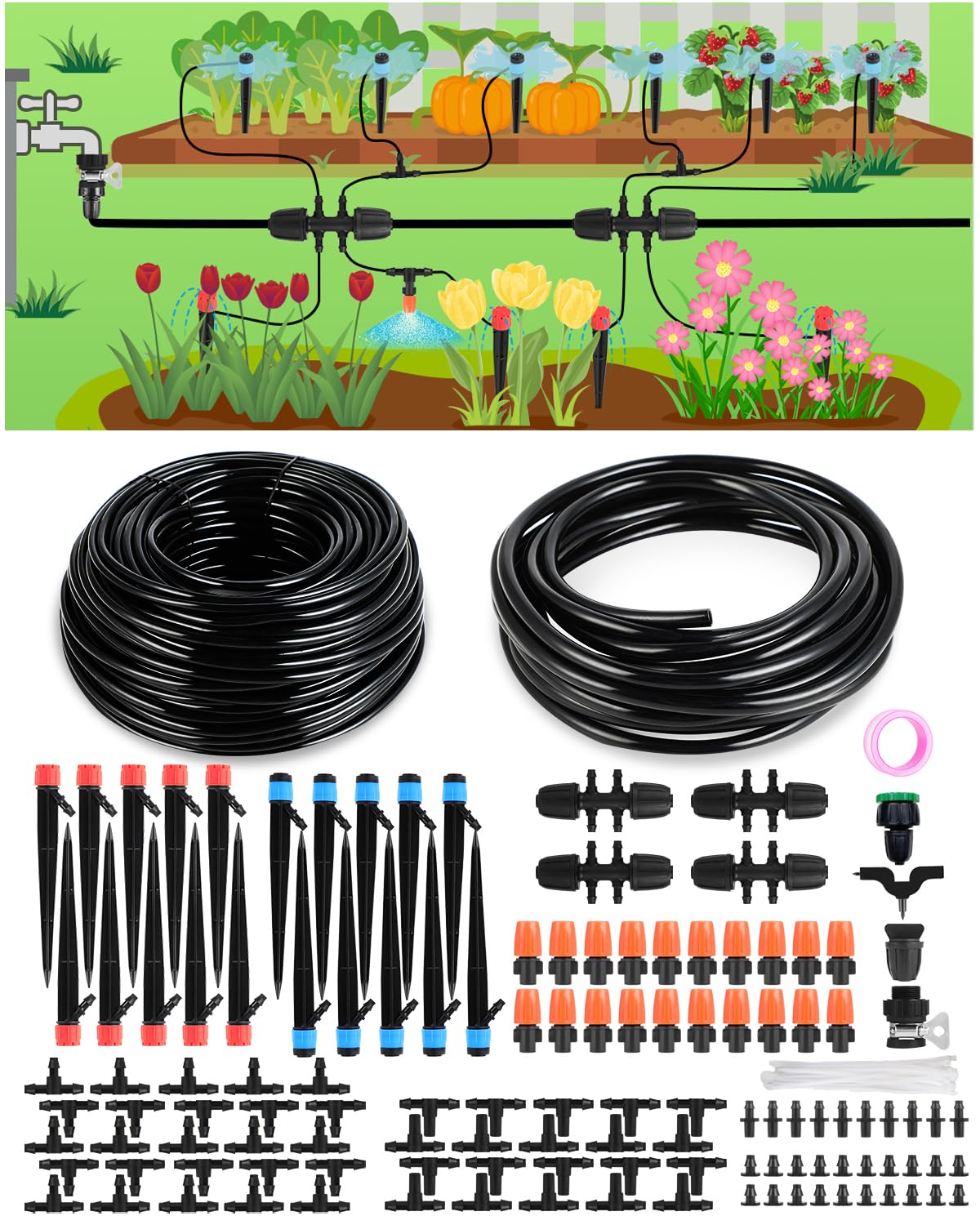Tokidot 230ft drip irrigation kit enables precise, water-saving garden watering.