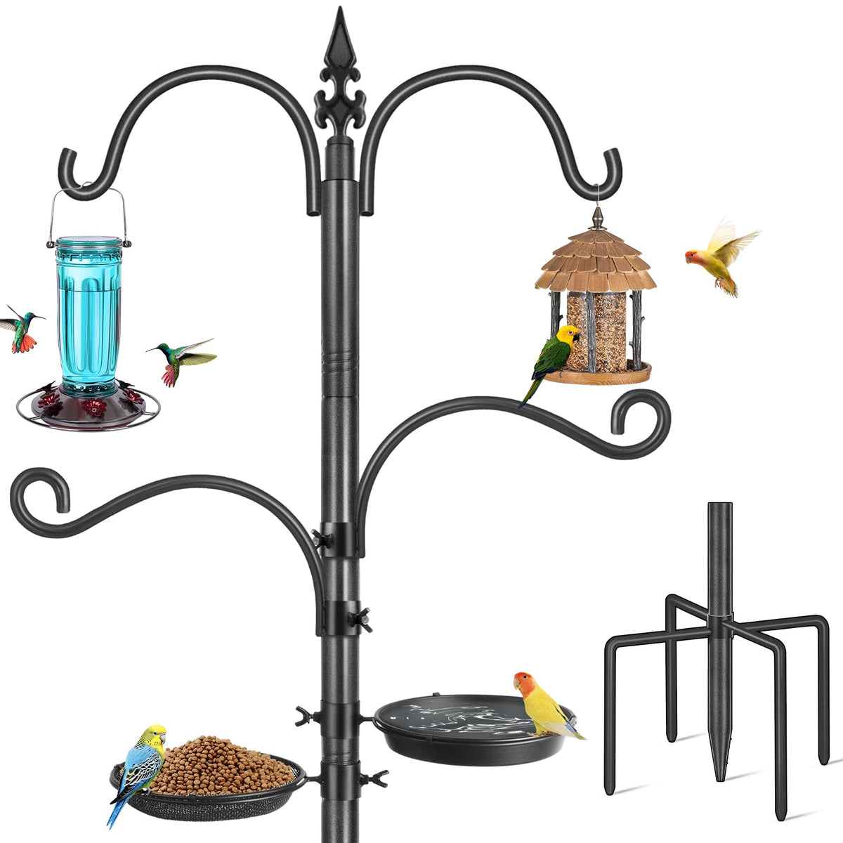 TOKPLNU Bird Feeding Station 88in pole with four hooks attracts wild birds.