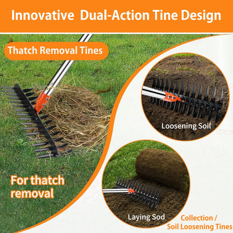Tolia dual-tine rake tackles dense thatch while protecting grass.