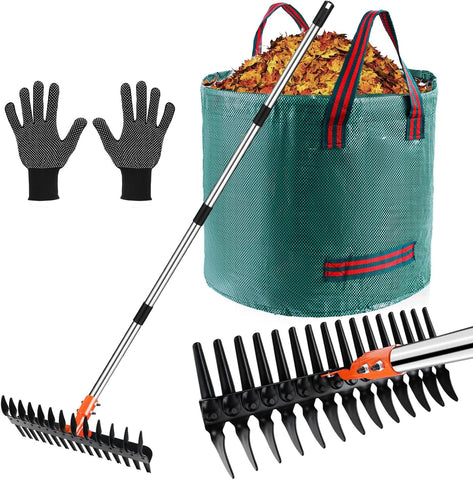Tolia 2-in-1 thatch rake dual-tine head for dethatching and soil care.