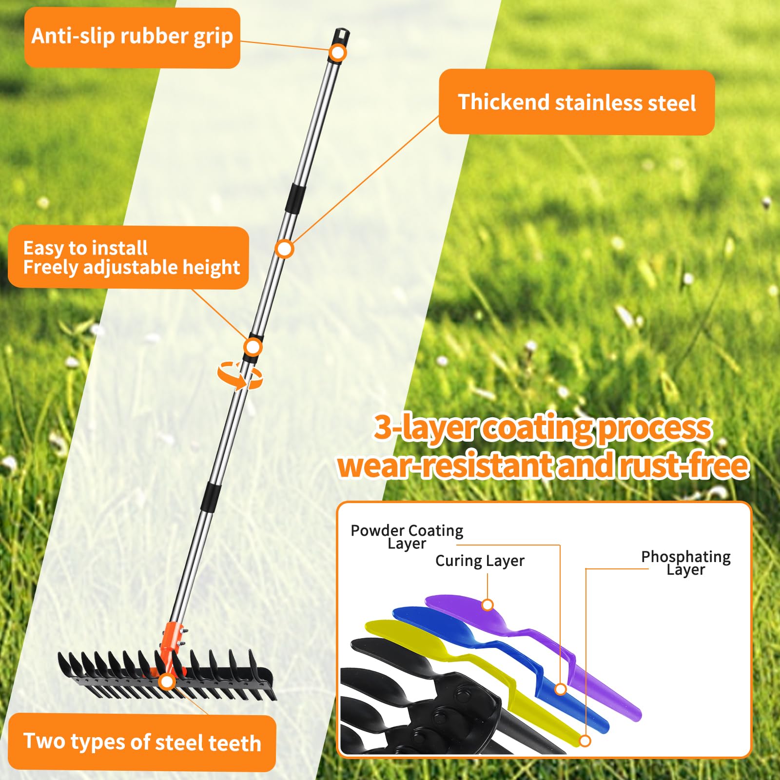 Tolia rounded-tine side lifts leaves and clippings without damage.