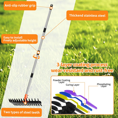 Tolia rounded-tine side lifts leaves and clippings without damage.