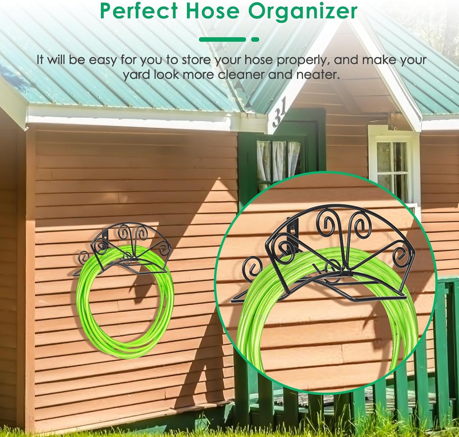 TomCare heavy-duty hose holder supporting a long hose with durable metal build.