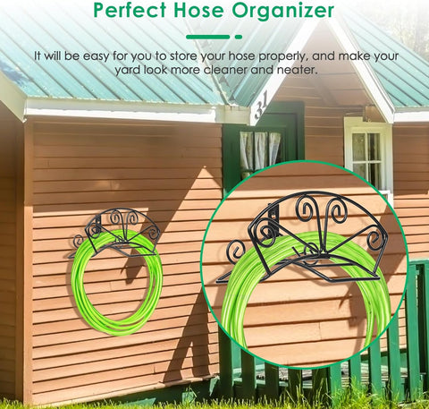 TomCare heavy-duty hose holder supporting a long hose with durable metal build.