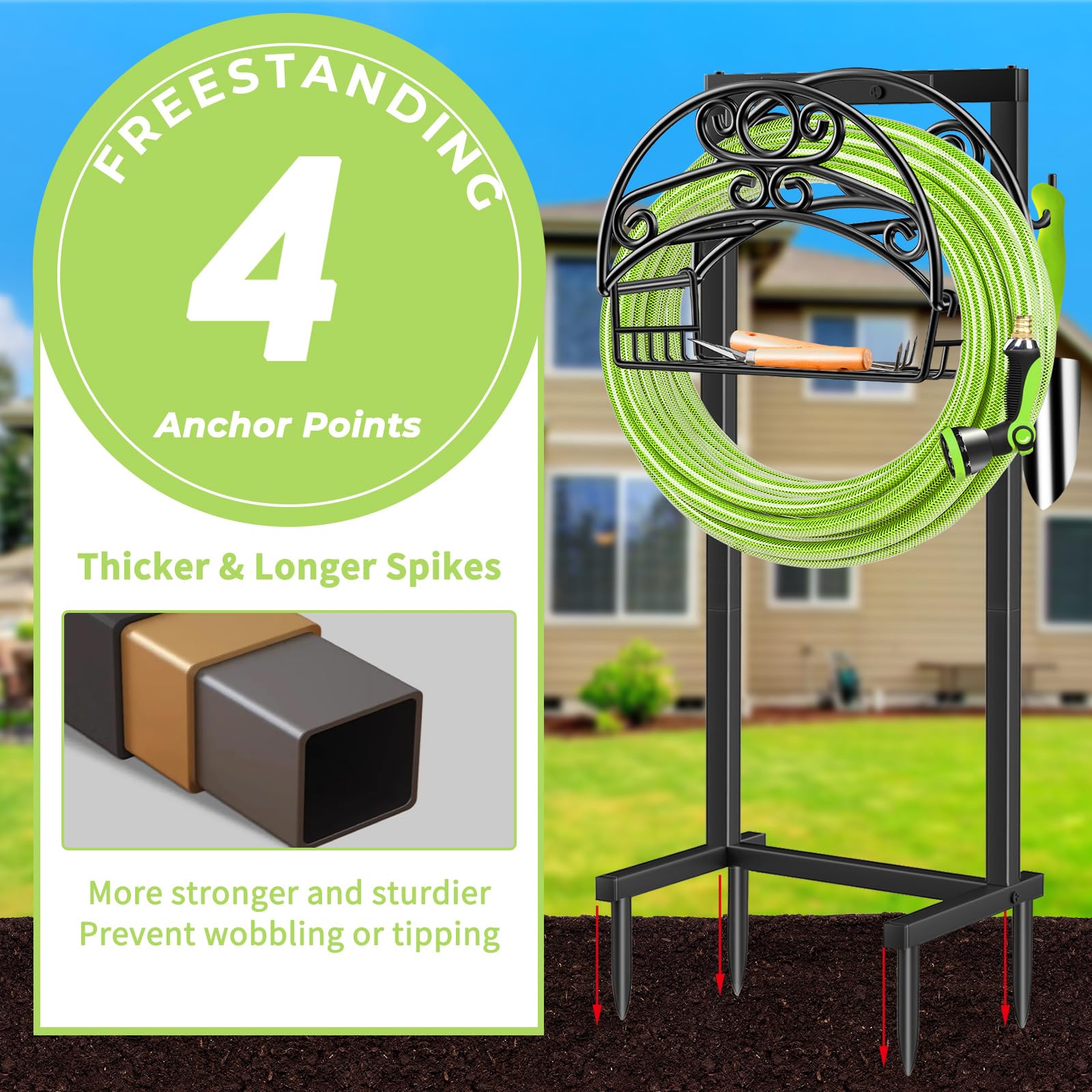 Hose holder is freestanding and easy to install for quick yard setup.