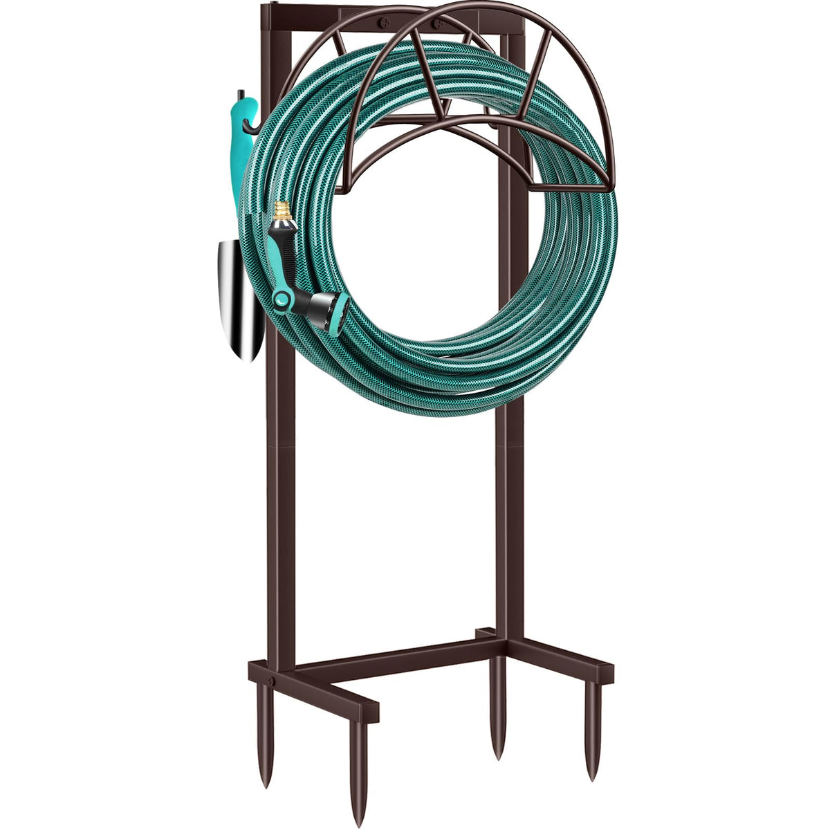 TomCare garden hose holder with four spikes for stable setup.