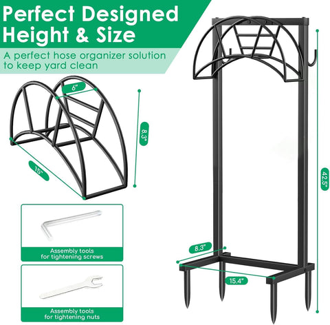 TomCare hose reel stand keeps hoses neatly organized outdoors.
