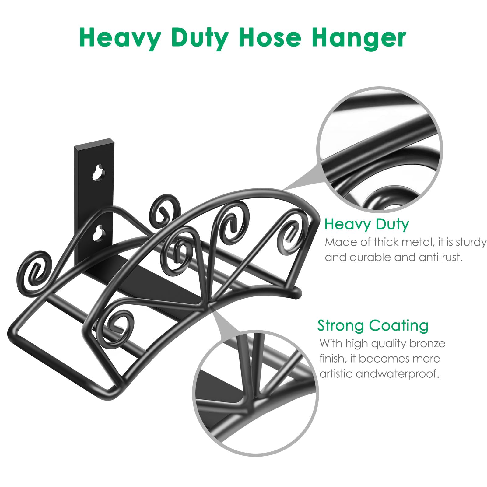 TomCare hose holder with metal finish highlighting rugged outdoor use.