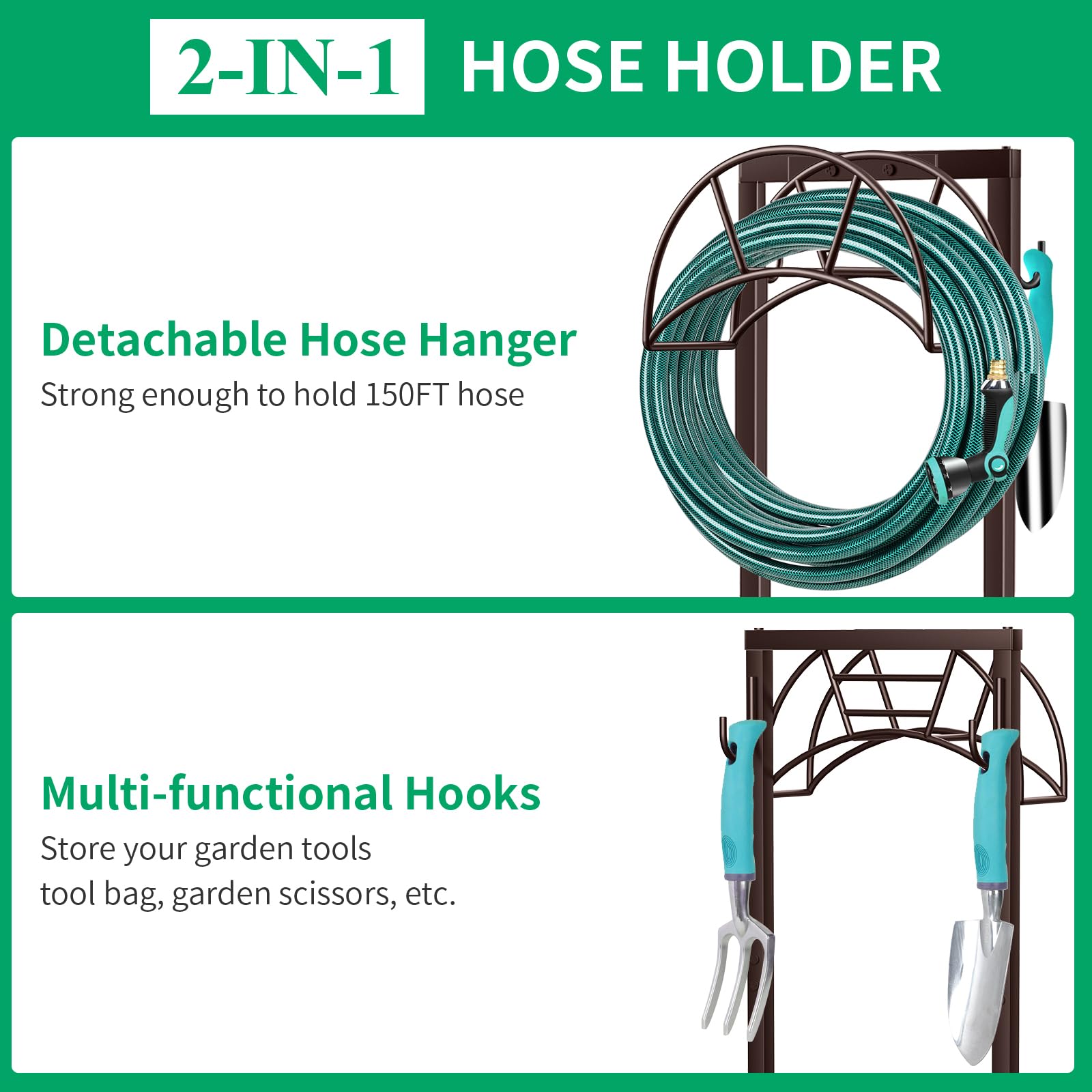 TomCare hose stand shows a sturdy square base and ground-ready design.