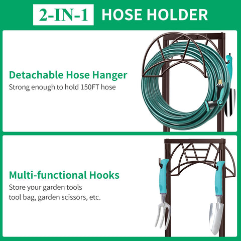 TomCare hose stand shows a sturdy square base and ground-ready design.