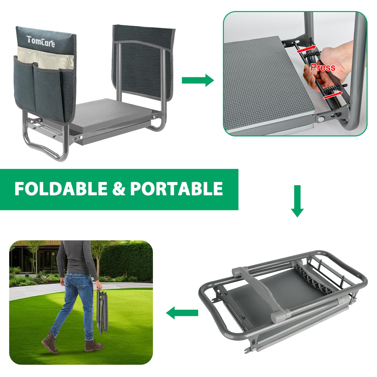 TomCare kneeler flipped to seat mode offers versatile gardening support