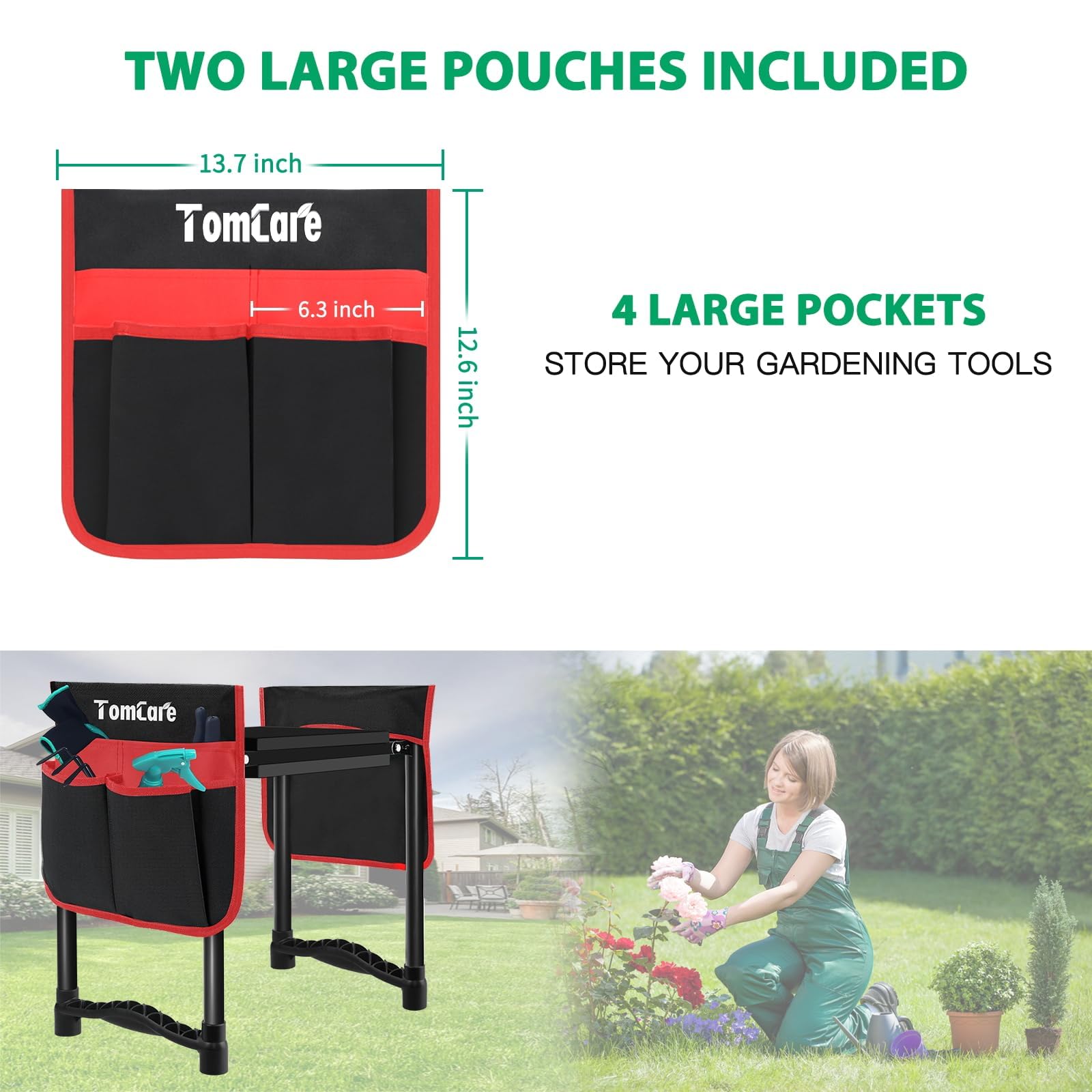 TomCare garden kneeler raised handles aiding easy standing from kneeling.