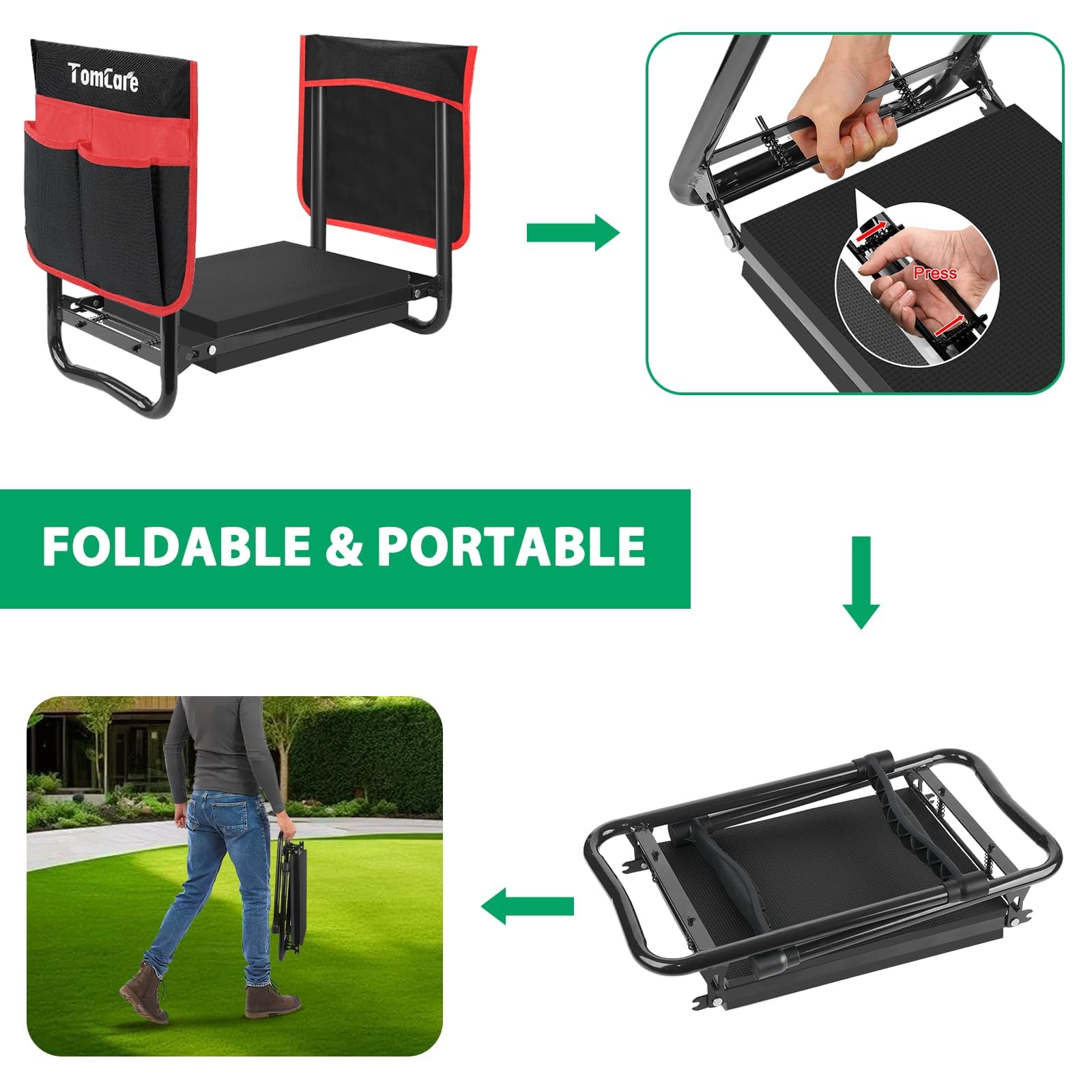 TomCare kneeler with non-slip feet for stable use on outdoor surfaces.