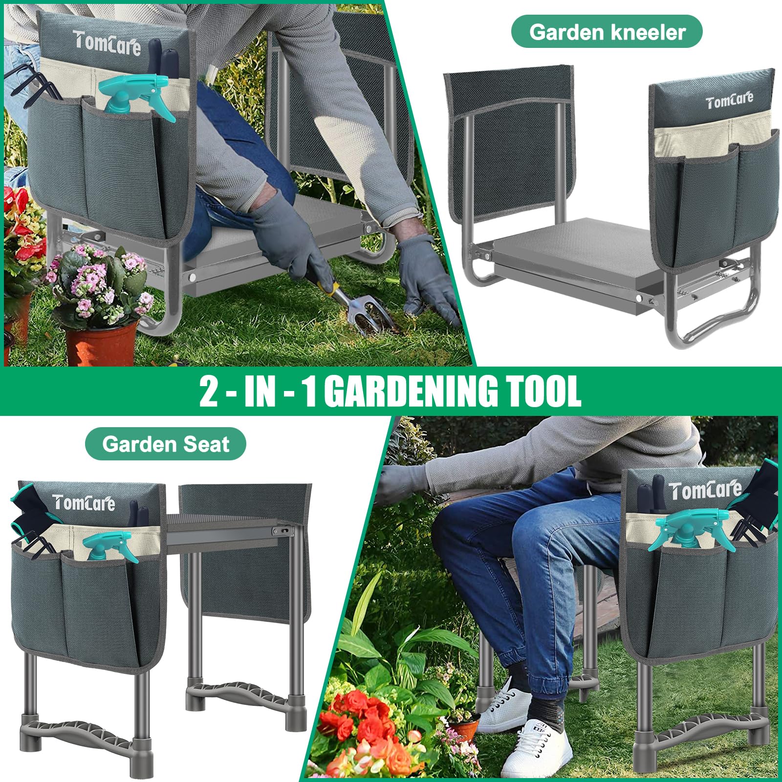 TomCare garden kneeler with non-slip feet stays steady on uneven ground