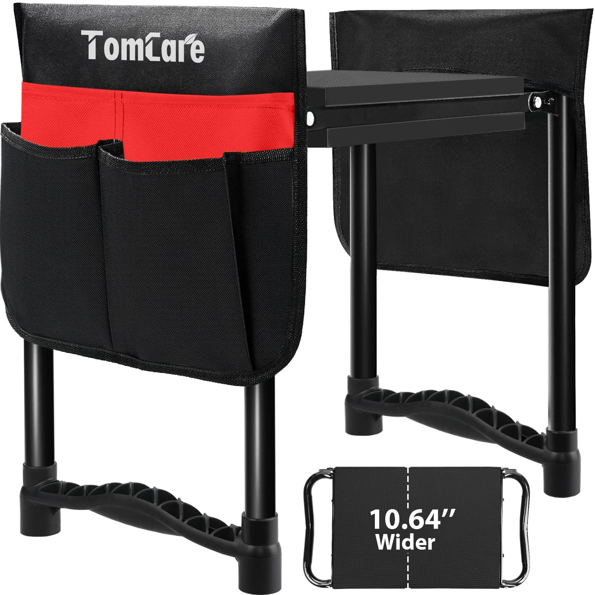 TomCare garden kneeler with wide soft pad, front view, for comfortable kneeling while weeding.