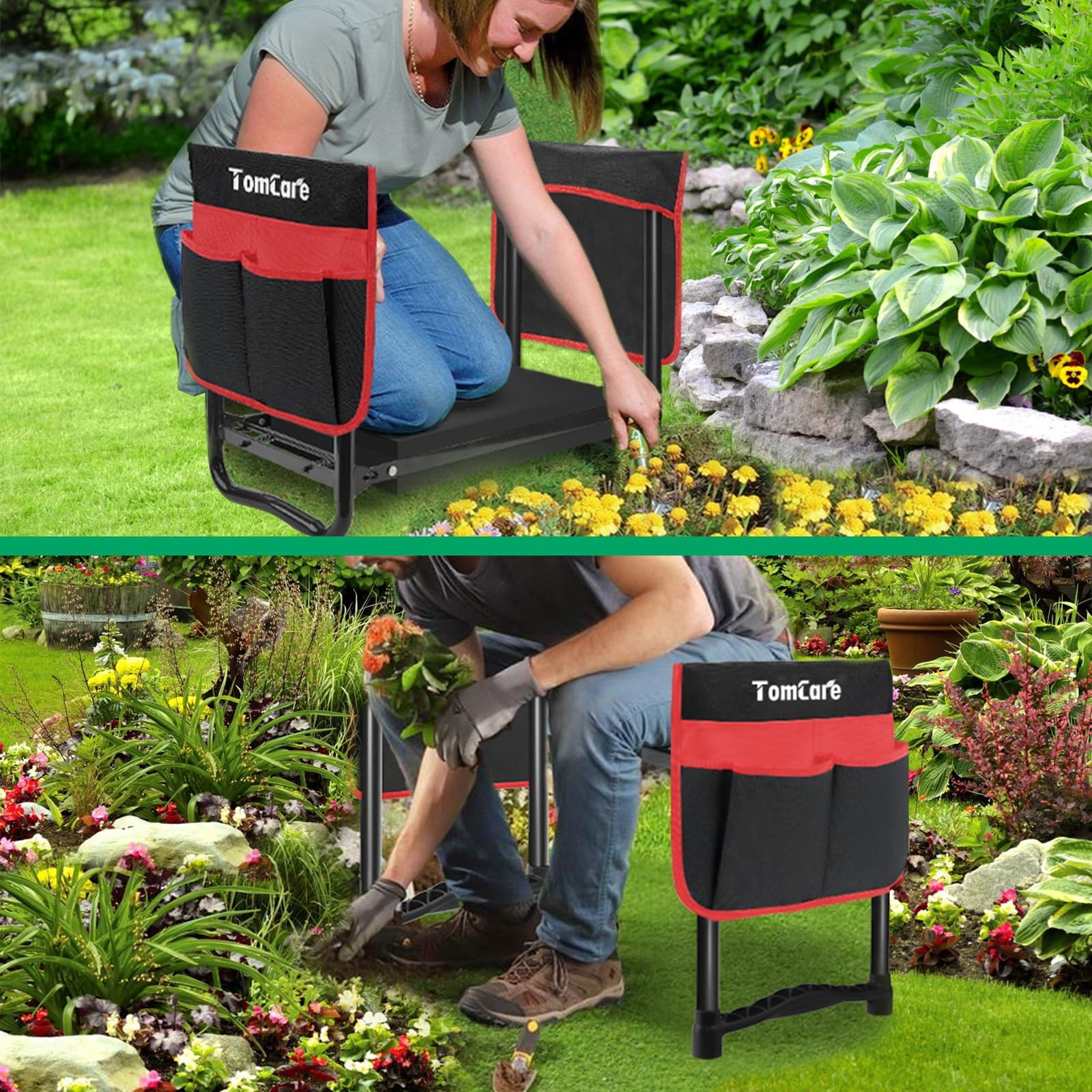 TomCare kneeler with wide pad highlights comfort and ease of use.