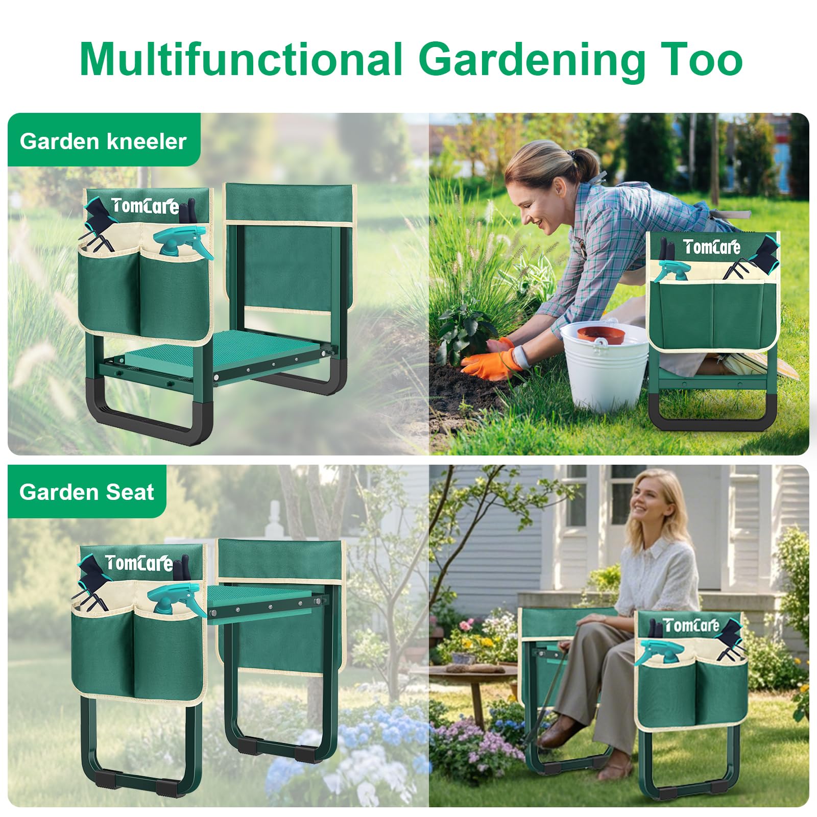 TomCare garden stool with durable steel frame supports up to 350 lbs
