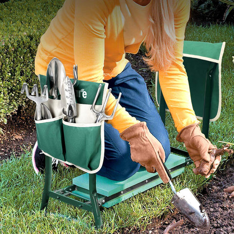 TomCare garden stool showing two large tool pouches for easy tool access