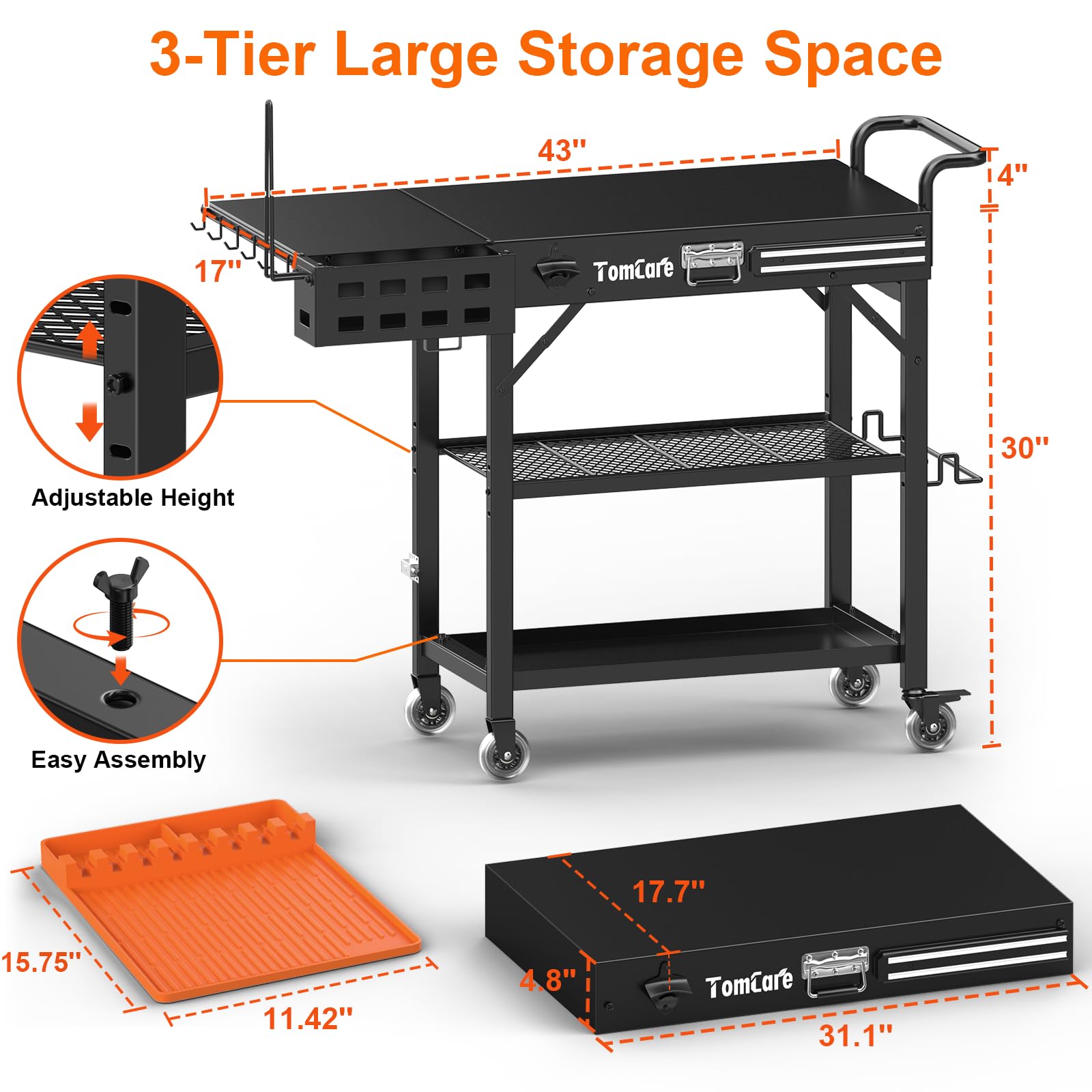 TomCare detachable grill caddy keeps tools within easy reach.