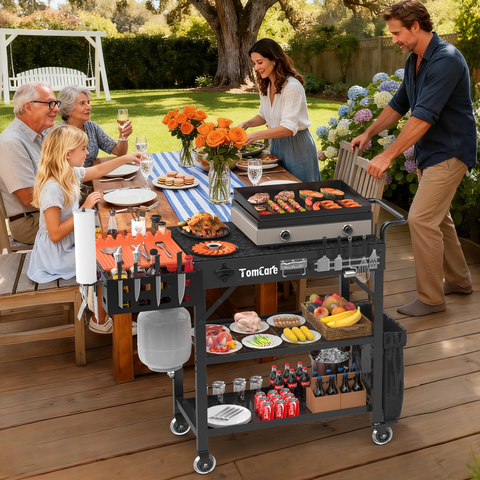TomCare locking wheels secure the cart during cooking.