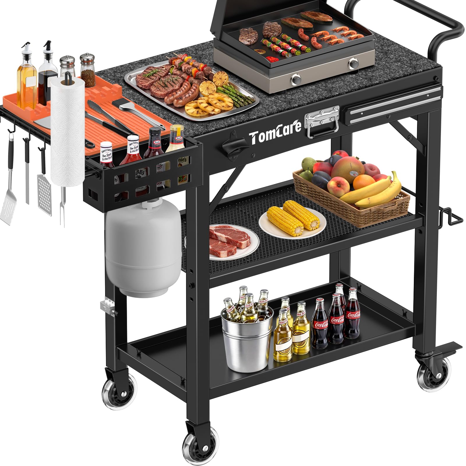 TomCare grill table main top supports heavy grills for stability.
