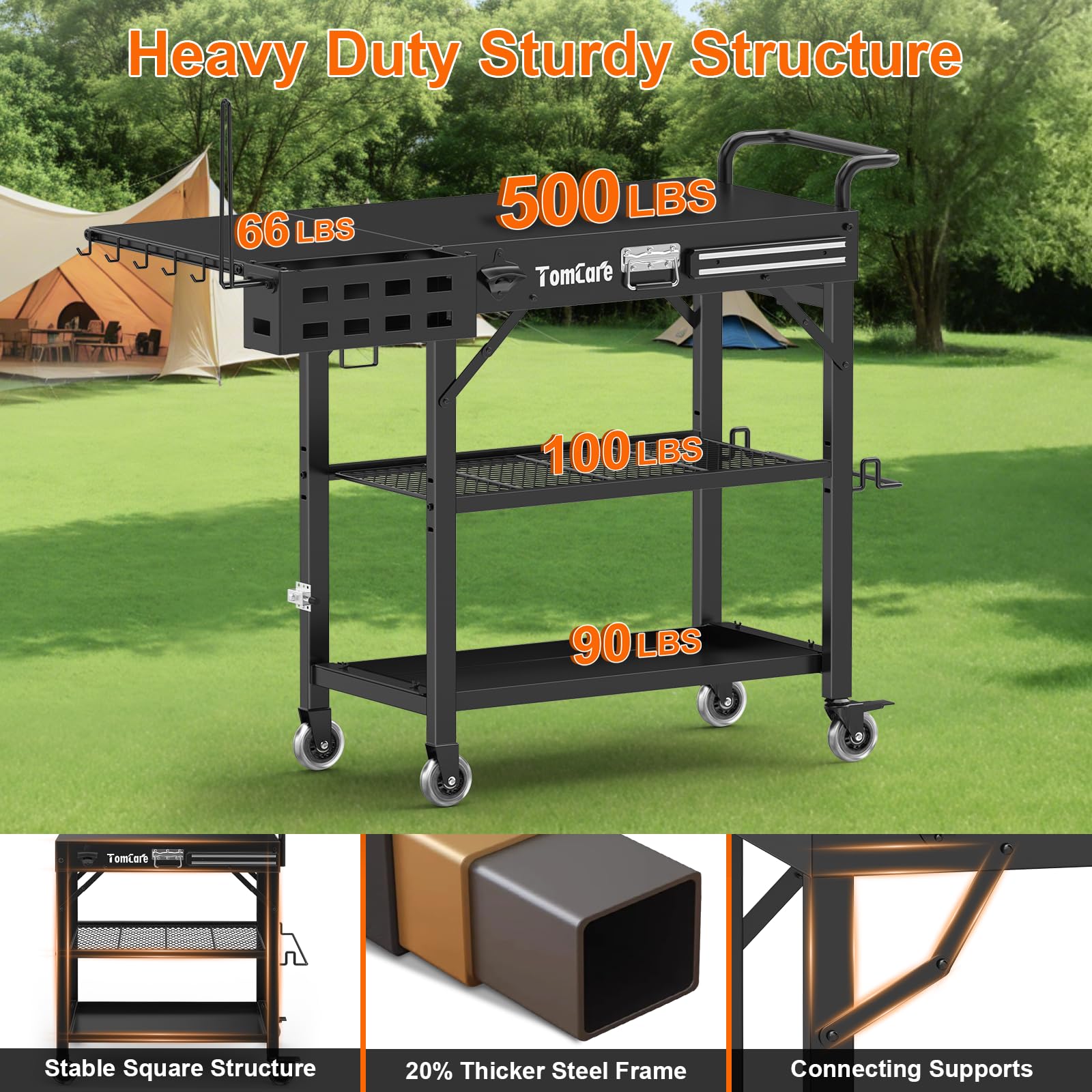 TomCare grill table two-tier shelves keep prep area organized.