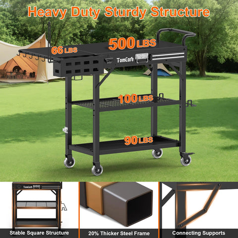TomCare grill table two-tier shelves keep prep area organized.
