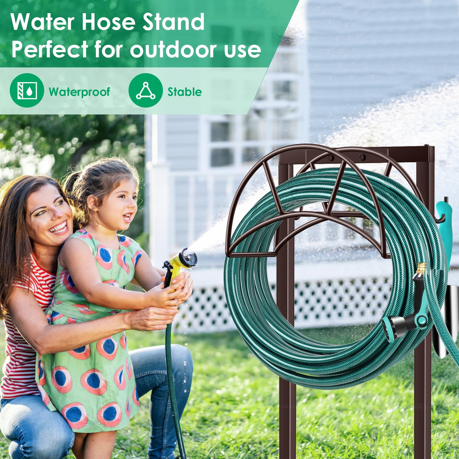TomCare sturdy metal construction resists weather while supporting a 150 ft hose.
