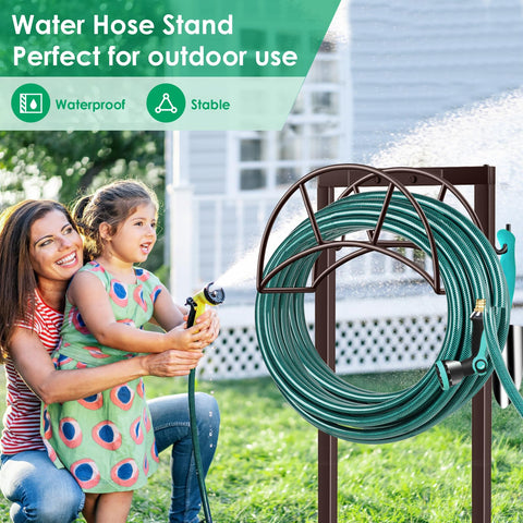 TomCare sturdy metal construction resists weather while supporting a 150 ft hose.