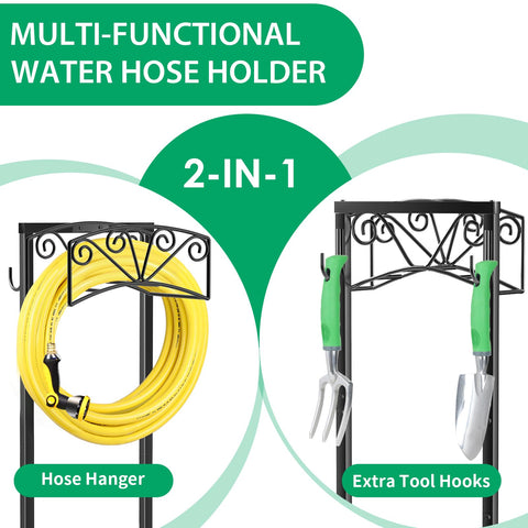 TomCare hose holder with back storage hooks keeps garden tools handy.