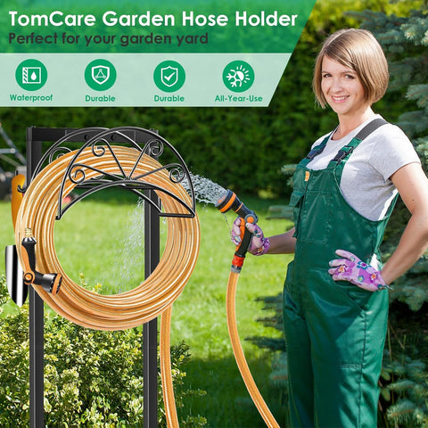 TomCare hose holder with a durable black finish for outdoor spaces.