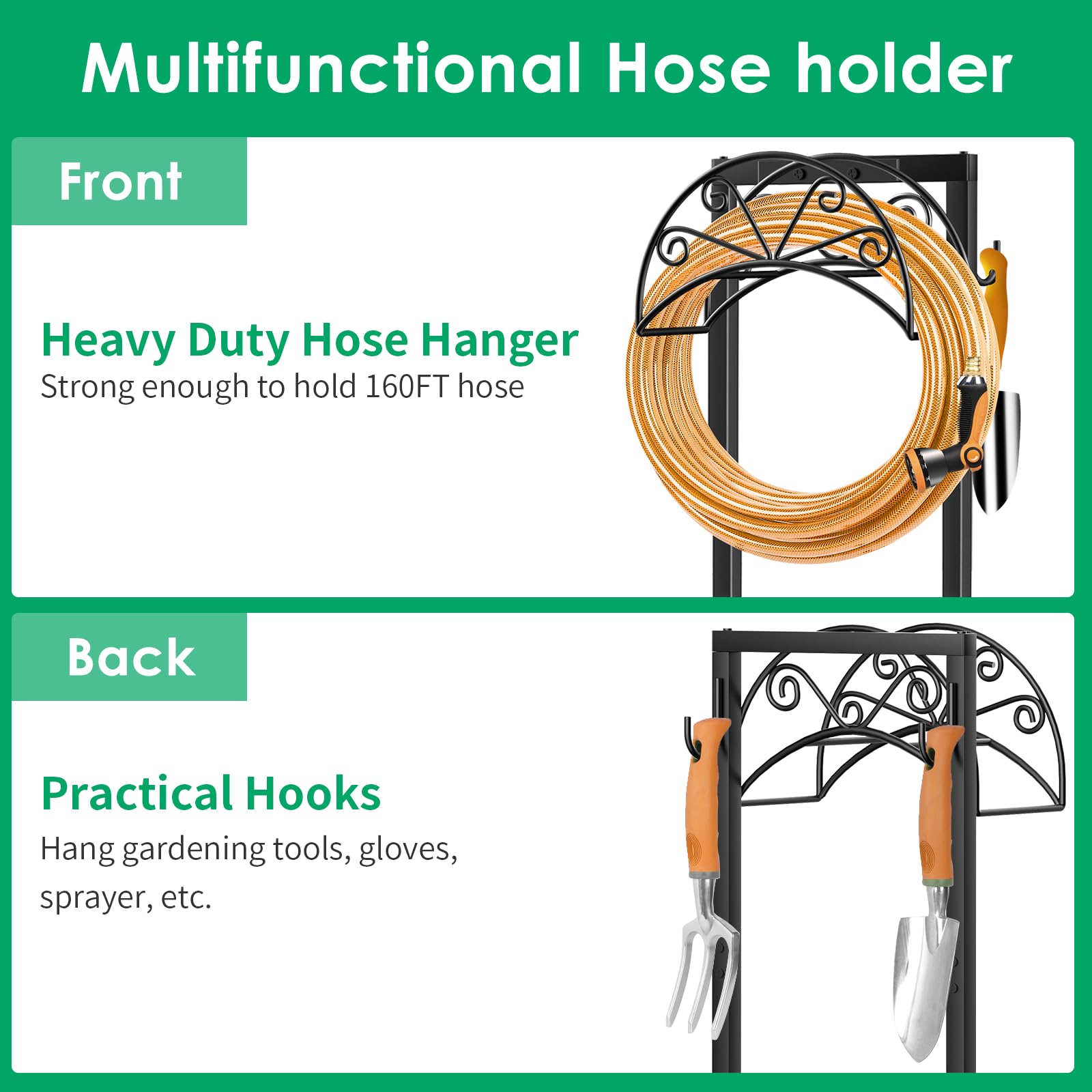 TomCare freestanding hose holder accommodates hoses up to 160 feet.