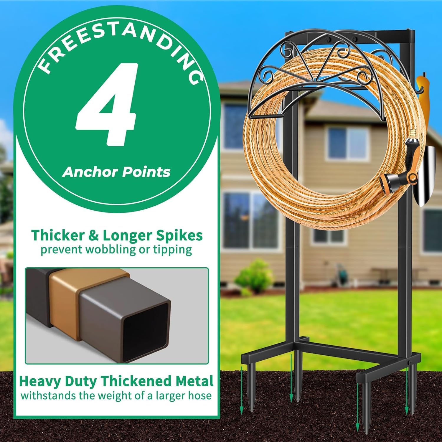 TomCare hose reel featuring convenient tool hooks for garden accessories.